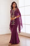 Sonal Pasrija_Wine Georgette, Viscose Embroidery, Crystal Embellished Border Cape Sharara Set _Online_at_Aza_Fashions