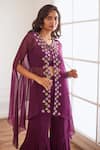 Buy_Sonal Pasrija_Wine Georgette, Viscose Embroidery, Crystal Embellished Border Cape Sharara Set _Online_at_Aza_Fashions