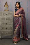 Buy_Soup by Sougat Paul_Blue Leather Printed Floral Notched Ikaya Pre-stitched Saree With Blouse _at_Aza_Fashions