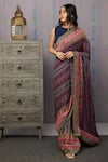 Soup by Sougat Paul_Blue Leather Printed Floral Notched Ikaya Pre-stitched Saree With Blouse _Online_at_Aza_Fashions