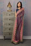 Buy_Soup by Sougat Paul_Blue Leather Printed Floral Notched Ikaya Pre-stitched Saree With Blouse _Online_at_Aza_Fashions