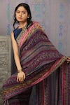 Shop_Soup by Sougat Paul_Blue Leather Printed Floral Notched Ikaya Pre-stitched Saree With Blouse _Online_at_Aza_Fashions