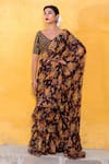 Buy_The Home Affair_Brown Printed Floral V Neck Pre-draped Ruffle Saree With Blouse _at_Aza_Fashions