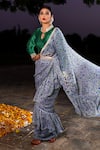 Shop_The Home Affair_Grey Printed Floral High Neck Collar Pre-draped Ruffle Saree With Blouse _at_Aza_Fashions