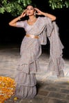 Buy_The Home Affair_Grey Chiffon Printed Floral V Neck Ruffle Pre-stitched Saree With Blouse _at_Aza_Fashions