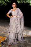 Shop_The Home Affair_Grey Chiffon Printed Floral V Neck Ruffle Pre-stitched Saree With Blouse _at_Aza_Fashions