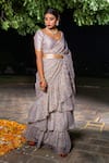 Buy_The Home Affair_Grey Chiffon Printed Floral V Neck Ruffle Pre-stitched Saree With Blouse _Online_at_Aza_Fashions