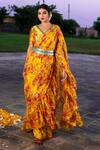 The Home Affair_Yellow Chiffon Printed Floral V Neck Pre-stitched Saree With Blouse _Online_at_Aza_Fashions