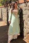 Buy_Gopi Vaid_Green Kurta Tussar Silk Print Floral Butti Round Neck Tunic With Palazzo _Online_at_Aza_Fashions