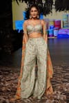 Gopi Vaid_Green Bustier Tussar Silk Print Floral Stripe Pattern Cape With Pant _Online_at_Aza_Fashions