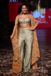 Gopi Vaid_Green Bustier Tussar Silk Print Floral Stripe Pattern Cape With Pant _at_Aza_Fashions