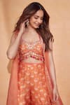 Gopi Vaid_Orange Bustier Tussar Silk Print Floral Sweetheart Diamond Cape And Pant Set _at_Aza_Fashions