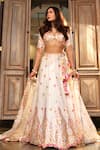 Buy_Gopi Vaid_Ivory Blouse Tussar Embroidery Mirror V Neck Thread And Bridal Lehenga Set _at_Aza_Fashions