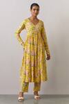 Buy_Ikshita Choudhary_Yellow Cotton Printed Floral V Neck Flower Anarkali And Pant Set_at_Aza_Fashions