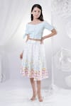 HOUSE OF TA-YA_Blue Cotton Satin Printed Floral Boat Neck Crop Top And Skirt Set _Online_at_Aza_Fashions