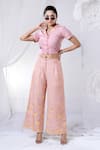 Buy_HOUSE OF TA-YA_Peach Cotton Printed Floral Notched Lapel Collar Crop Top And Pant Set _at_Aza_Fashions