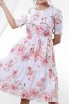 House Of TA-YA_White Cotton Round Neck Floral Print Dress _Online_at_Aza_Fashions