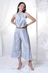 House Of TA-YA_Blue Cotton Satin Scoop Neck Printed Cowl Top And Pant Set _Online_at_Aza_Fashions