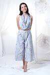 Shop_House Of TA-YA_Blue Cotton Satin Scoop Neck Printed Cowl Top And Pant Set _Online_at_Aza_Fashions