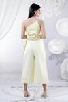 Shop_House Of TA-YA_Yellow Cotton Satin Embroidery Asymmetric One Shoulder Top And Culottes Set _at_Aza_Fashions
