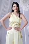 Shop_House Of TA-YA_Yellow Cotton Satin Embroidery Asymmetric One Shoulder Top And Culottes Set _Online_at_Aza_Fashions