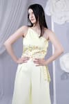 House Of TA-YA_Yellow Cotton Satin Embroidery Asymmetric One Shoulder Top And Culottes Set _at_Aza_Fashions