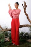 Shop_OMANA BY RANJANA BOTHRA_Pink Satin Solid Colour Block Boat Jumpsuit _Online_at_Aza_Fashions