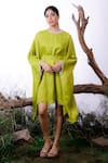 Buy_OMANA BY RANJANA BOTHRA_Green Satin Solid Colour Block Round Draped Short Dress _at_Aza_Fashions