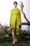 OMANA BY RANJANA BOTHRA_Green Satin Solid Colour Block Round Draped Short Dress _Online_at_Aza_Fashions