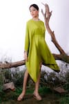 Buy_OMANA BY RANJANA BOTHRA_Green Satin Solid Colour Block Round Draped Short Dress _Online_at_Aza_Fashions