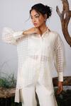 Omana By Ranjana Bothra_White Organza, Satin Embroidery, Applique Collared Checkered Shirt And Pant Set _Online_at_Aza_Fashions