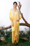 Buy_OMANA BY RANJANA BOTHRA_Yellow Modal Satin Shibori V Neck Bead Neckline Embroidered Kaftan _at_Aza_Fashions