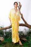 Buy_OMANA BY RANJANA BOTHRA_Yellow Modal Satin Shibori V Neck Bead Neckline Embroidered Kaftan _Online_at_Aza_Fashions