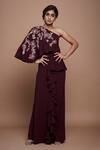 Buy_Vyasa By Urvi_Wine Crepe Embroidery, Beads One Shoulder Hand Gown _at_Aza_Fashions