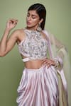 Shop_Vyasa By Urvi_Pink Net, Satin, Crepe Embroidery, Beads Halter Neck Hand Crop Top Skirt Set _at_Aza_Fashions