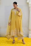 Shop_Label Niti Bothra_Yellow Banaras Silk Base Embroidered Resham Round Applique Kurta Farshi Pant Set _Online_at_Aza_Fashions