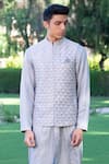 Studio Bagechaa_Grey Russian Silk Embroidered Thread Nehru Jacket And Kurta Set_Online_at_Aza_Fashions