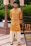 Buy_Studio Bagechaa_Yellow Russian Silk Embroidered Thread Floral Nehru Jacket And Kurta Set _at_Aza_Fashions