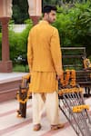 Shop_Studio Bagechaa_Yellow Russian Silk Embroidered Thread Floral Nehru Jacket And Kurta Set _at_Aza_Fashions