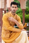 Studio Bagechaa_Yellow Russian Silk Embroidered Thread Floral Nehru Jacket And Kurta Set_Online_at_Aza_Fashions