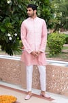 Buy_Studio Bagechaa_Pink Chanderi Embroidered Thread Nehru Jacket And Kurta Set _Online_at_Aza_Fashions