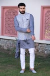 Buy_Studio Bagechaa_Grey Russian Silk Embroidered Thread Nehru Jacket And Kurta Set _at_Aza_Fashions