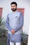 Buy_Studio Bagechaa_Grey Russian Silk Embroidered Thread Nehru Jacket And Kurta Set _Online_at_Aza_Fashions