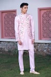 Shop_Studio Bagechaa_Pink Russian Silk Embroidered Thread Resham Nehru Jacket And Kurta Set _at_Aza_Fashions