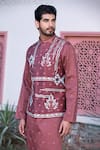 Studio Bagechaa_Red Russian Silk Embroidered Thread Floral Nehru Jacket And Kurta Set _Online_at_Aza_Fashions