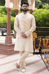 Buy_Studio Bagechaa_Beige Handloom Silk Embroidered Mirror Nehru Jacket And Kurta Set _at_Aza_Fashions