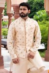 Studio Bagechaa_Beige Handloom Silk Embroidered Mirror Nehru Jacket And Kurta Set _Online_at_Aza_Fashions