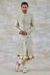 Buy_Studio Bagechaa_Ivory Silk, Cotton Sequins, Zari Embroidered Sherwani Set_at_Aza_Fashions