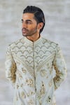 Buy_Studio Bagechaa_Ivory Silk, Cotton Sequins, Zari Embroidered Sherwani Set_Online_at_Aza_Fashions