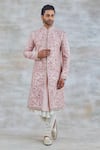 Buy_Studio Bagechaa_Pink Raw Silk Embroidered Floral Sequin Sherwani Set _at_Aza_Fashions